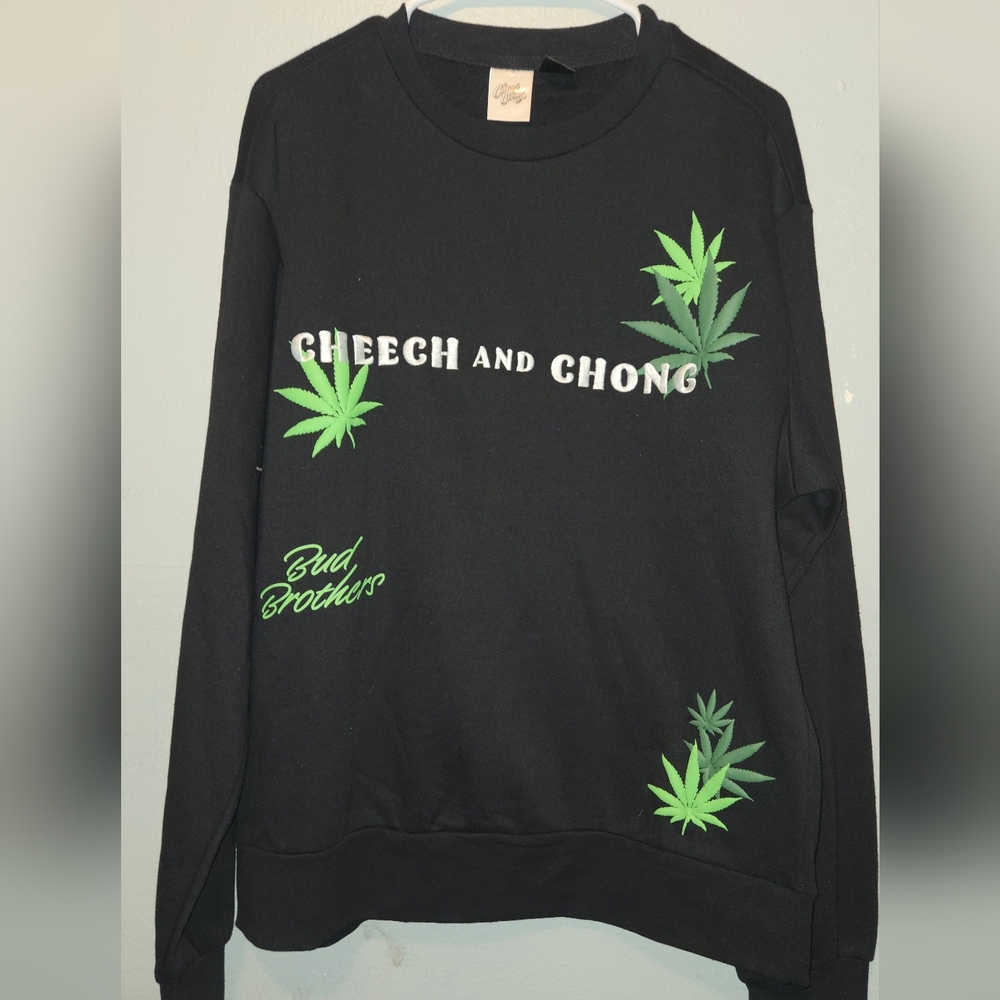 CHEECH N CHONG BLACK & GREEN CREWNECK PULLOVER EMBROIDERED SWEATSHIRT